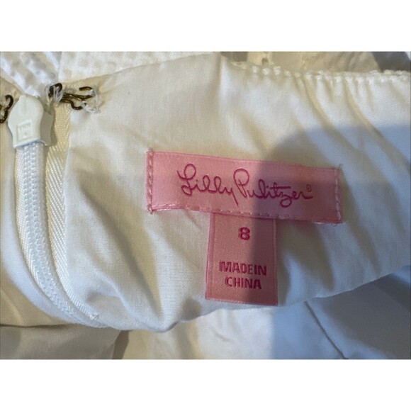 Lilly Pulitzer Size 8 White Eyelet Seersucker Dress Embroidered Pockets Cotton - Picture 8 of 11